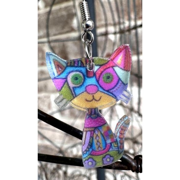Whimsical Cat Earrings New Multicolor Kitty Lover Dangle Hooks Christmas… - Picture 4 of 6